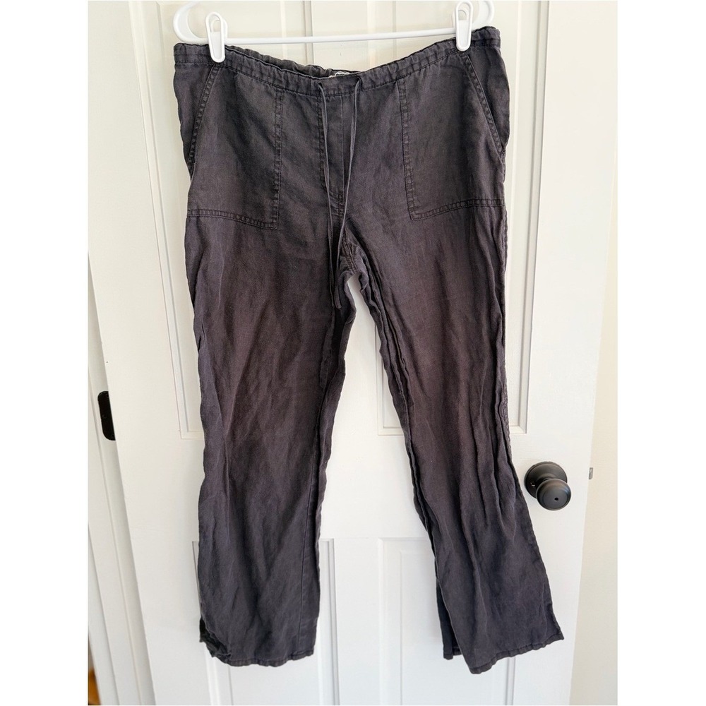 London Jean 100% Linen Drawstring Wide Leg Pants Black Medium Coastal Boho